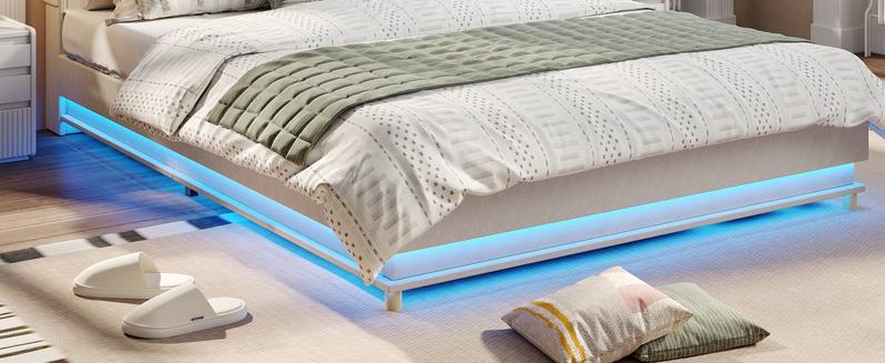 Vabches Lift Up Storage Bed Frame, Storage Headboard with Charging Station, LED Lights Upholstered Platform Bed, No Box Spring Needed, Noise-Free