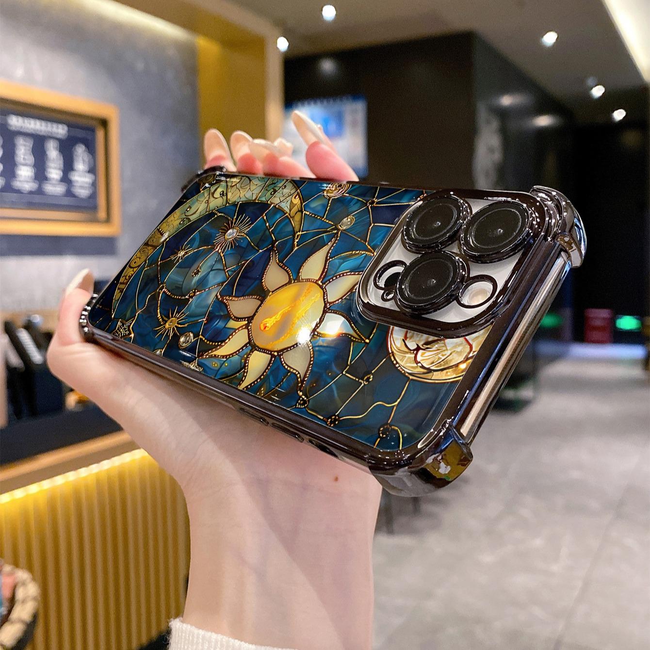 Four-corner anti-drop TPU phone case with sun and moon pattern design, suitable for iPhone 16 15 14 Pro Max 13 12 11 XR XS Plus, shockproof full camera protection, durable and slim silicone shell phone case Cover