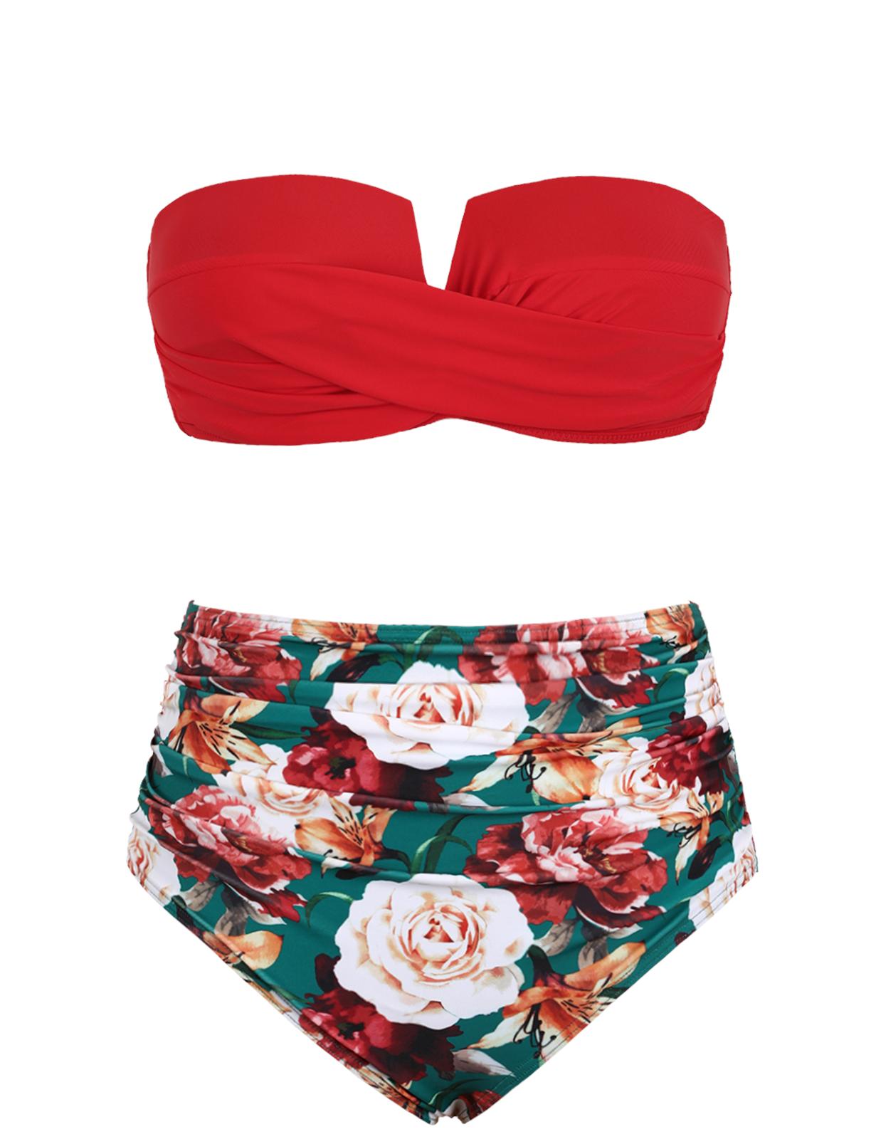 Hilor Womens Bandeau Two Piece Bikini Set High Waisted Swimsuits Sexy Push Up Two Piece Bathing Suits Front V Wire