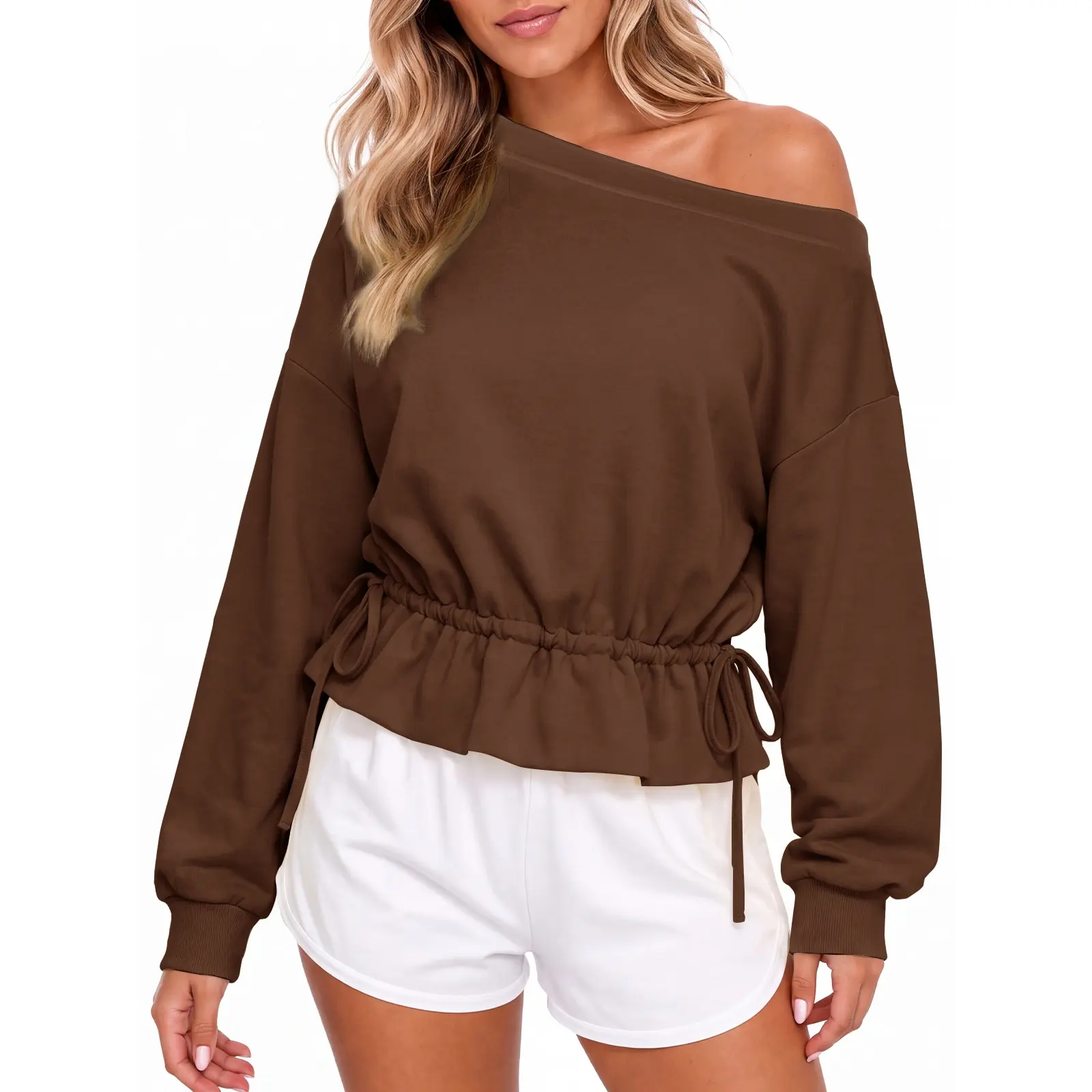 Aoysky Women's Chic Off-Shoulder Drawstring Waist Polyester Knit Sweatshirt Top - Oversized Long-Sleeve Balloon Sleeve Ruffle Hem Loose Casual Pullover for Daily Spring Loungewear (Pair with Skirts)