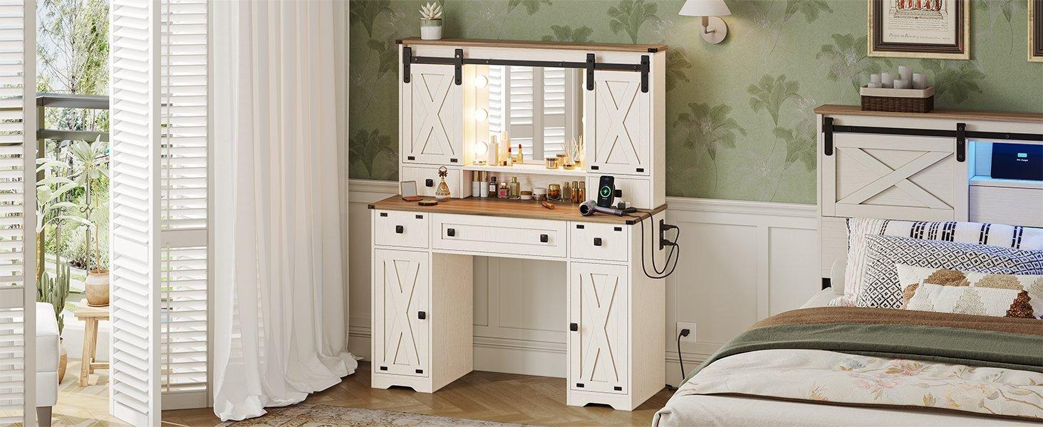 Sikaic Farmhouse Makeup Vanity Desk Mirror With Sliding Barn Door 3 Lighting Modes Adjustable And Charging Station White Furniture Bedroom Storage Drawer Modern Wood Dresser