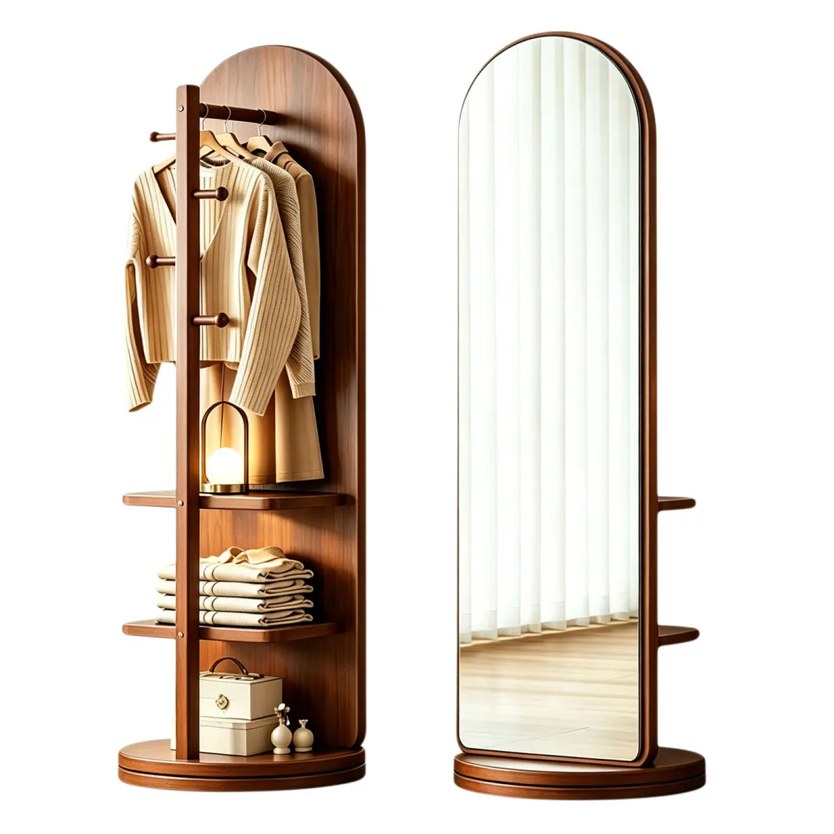 65in 360° Swivel Full Length Mirror, Rotating Standing Floor Mirror with Coat Rack & Storage Shelves, Freestanding Arched Dressing Mirror for Entryway Living Room