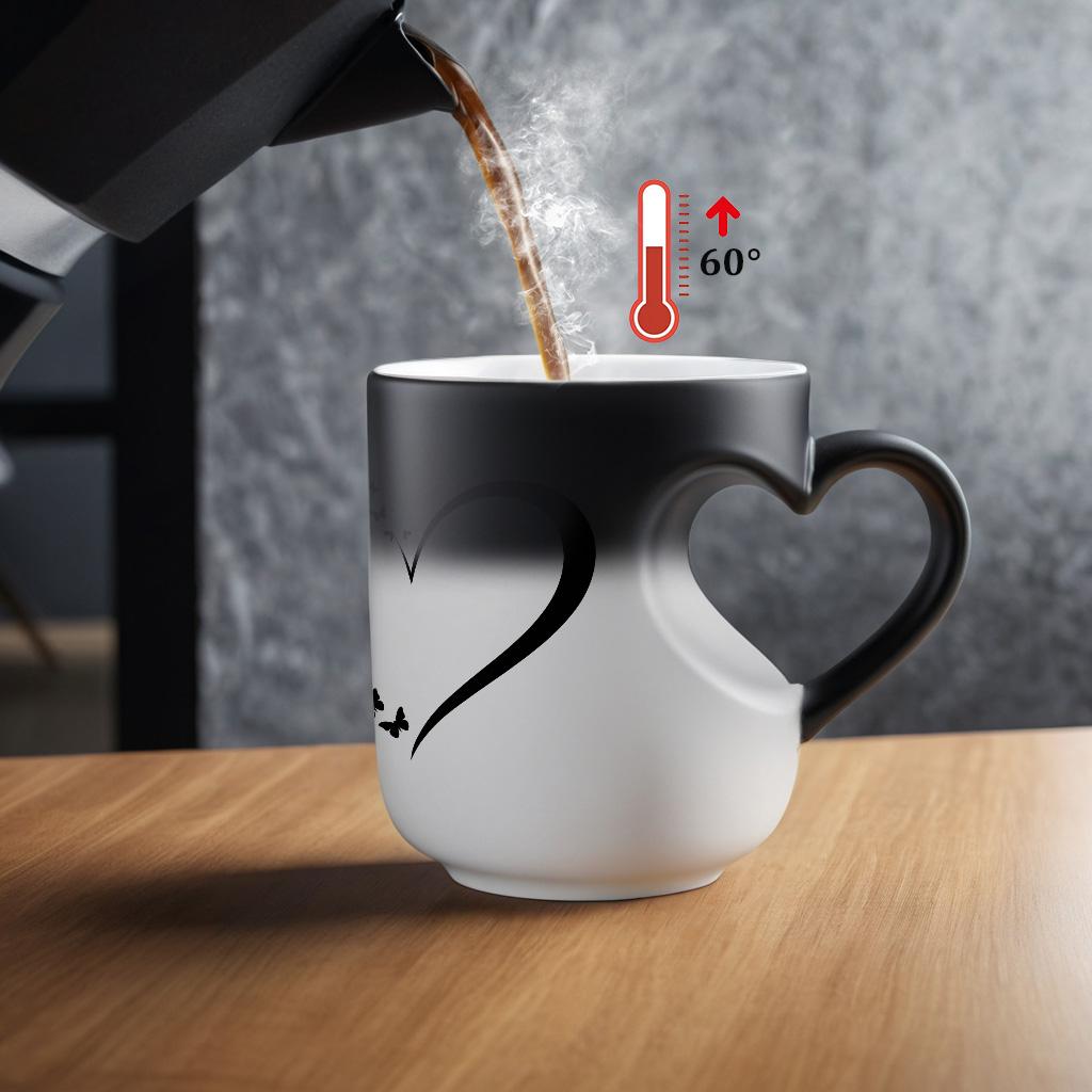 1pc 11Oz Ceramic Mug, Color Changing Mug, Black And White Color Changing Design, Heart-Shaped Handle, Butterfly and Heart Pattern Printing, Heat Sensitive Color, Perfect Gift for Coffee Lovers, Christmas Gift, Birthday Gift, Drinking Cup