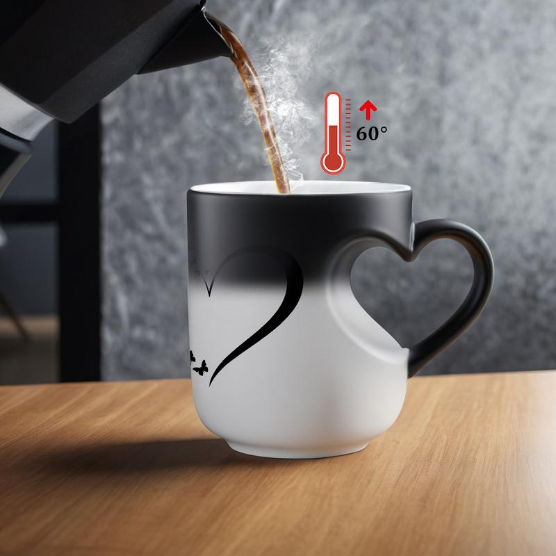 1pc 11Oz Ceramic Mug, Color Changing Mug, Black And White Color Changing Design, Heart-Shaped Handle, Butterfly and Heart Pattern Printing, Heat Sensitive Color, Perfect Gift for Coffee Lovers, Christmas Gift, Birthday Gift, Drinking Cup