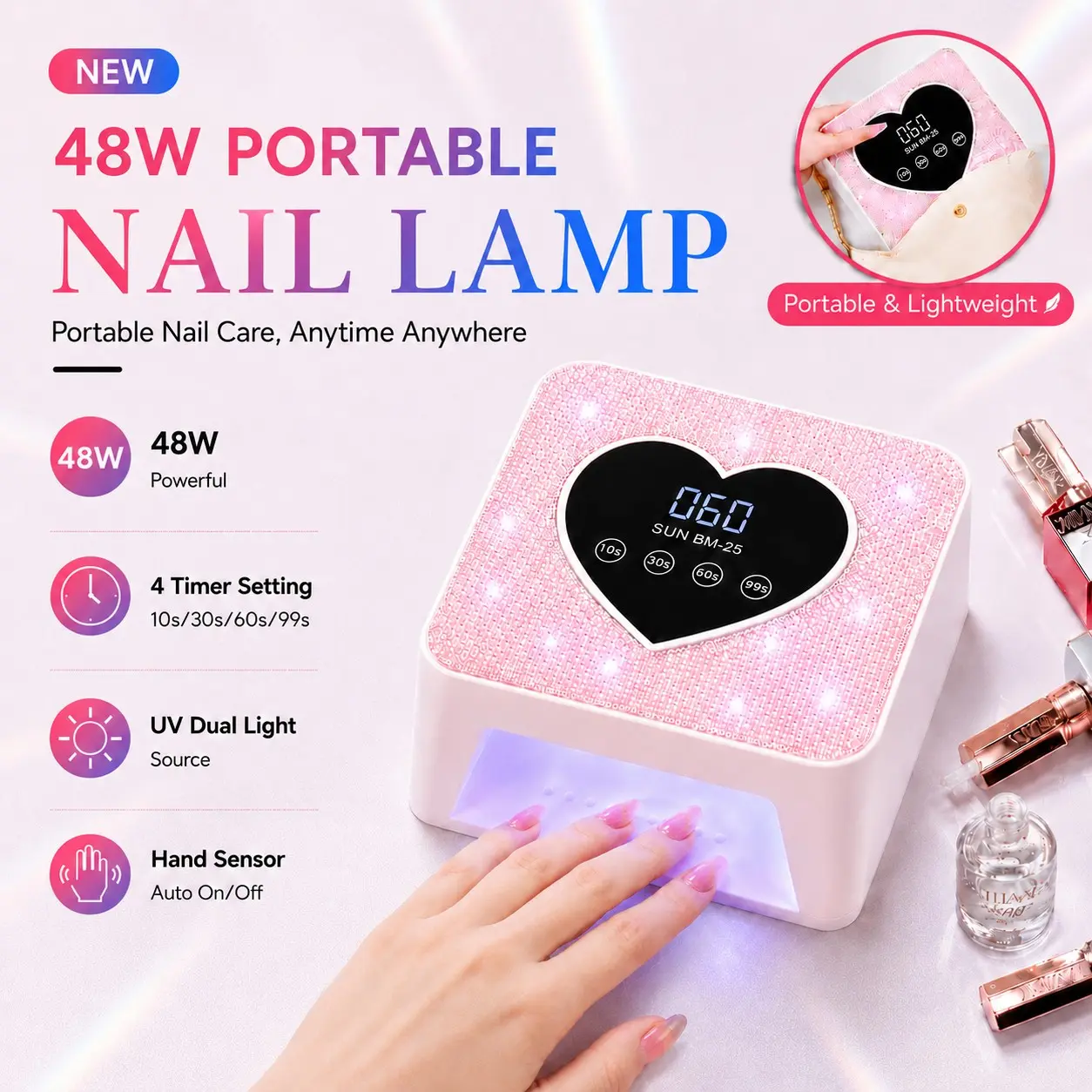 Portable USB Nail Polish Curing Lamp, 4-Timer Modes, LCD Touch Screen, Rhinestone Decoration, Manicure Art Tool, Convenient Design