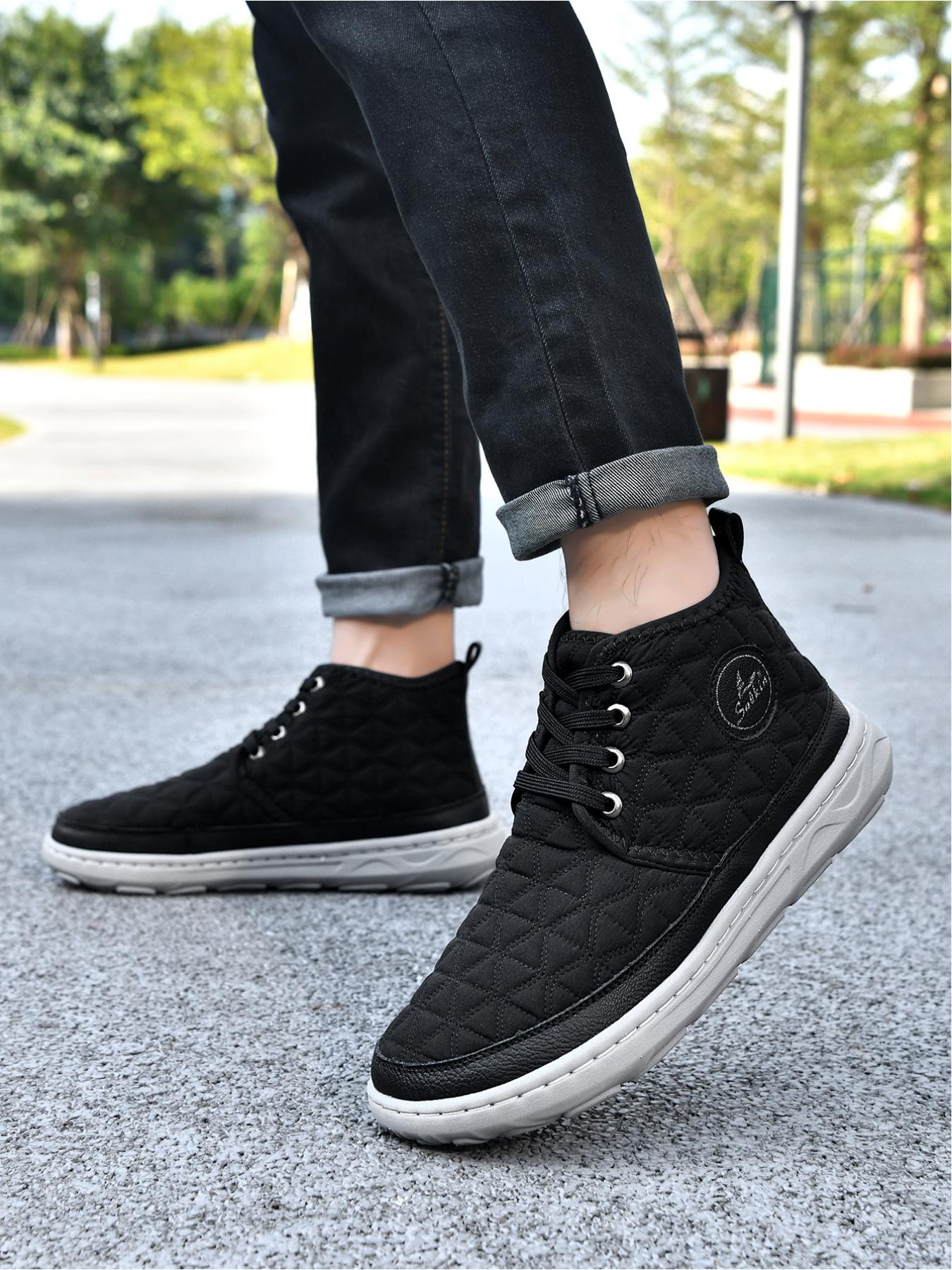 Men's Solid Color Quilted High-Top Casual Shoes, Lightweight Non-Slip Outdoor Commuter Shoes, Soft Sole Sports Sneakers
