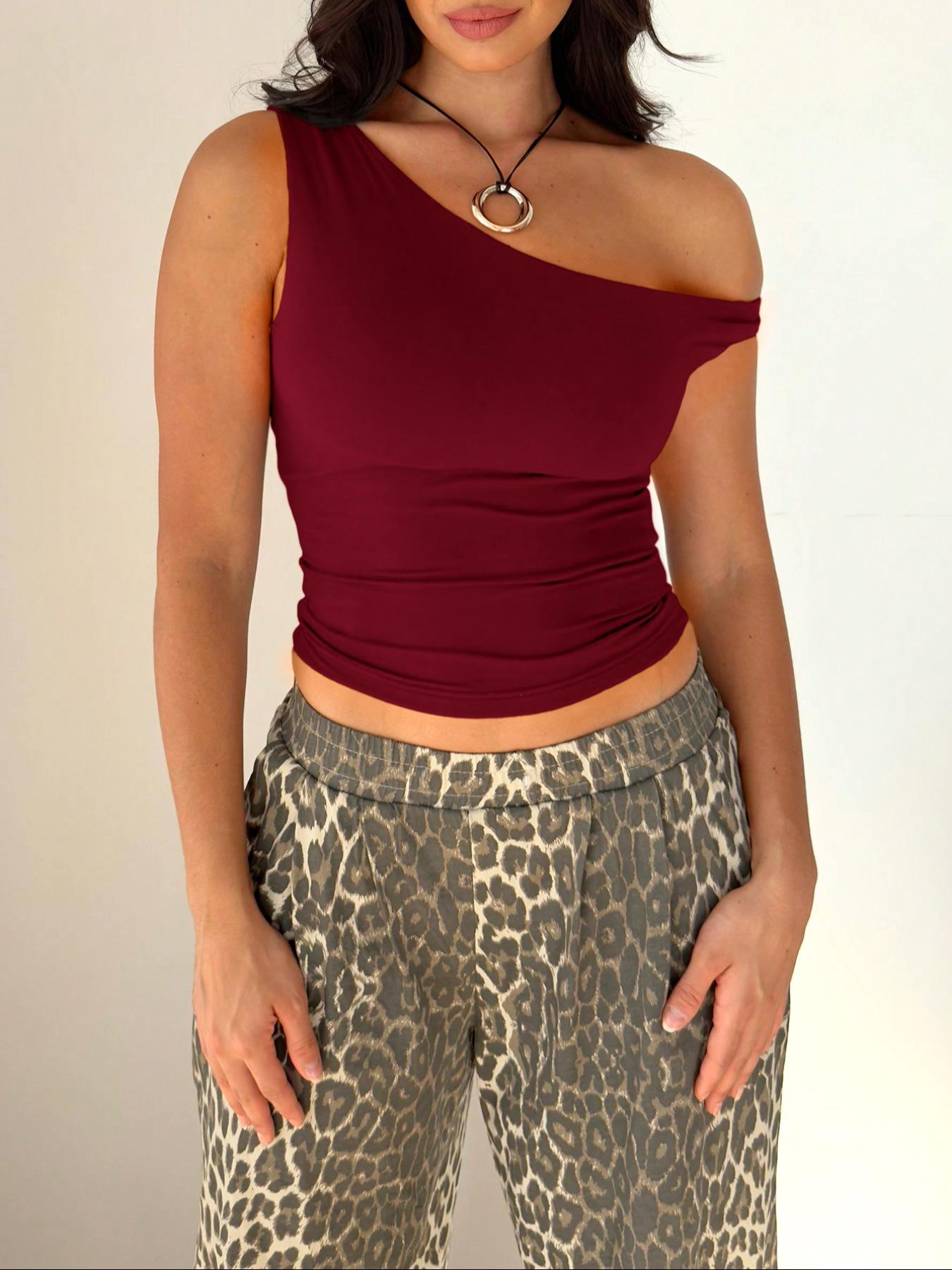 One Shoulder Women Top Sexy Off Shoulder Asymmetrical Neck Slim Fit Stretch Ruched Side Bodycon Tee Shirt Solid Wine Red Burgundy Y2K Going Out Party Club Night Out Date Casual Streetwear Summer Fall Fashion