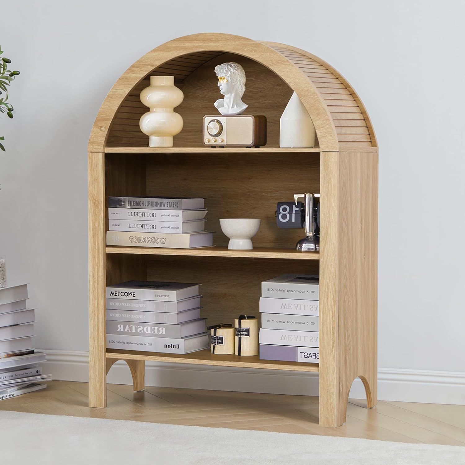 Giratree Freestanding Arched Bookcase, Modern 3-Tier Open Bookshelf, Low Short Bookshelf with Adjustable Shelves, Arched Storage Display Cabinet Organizer for Office, Living Room