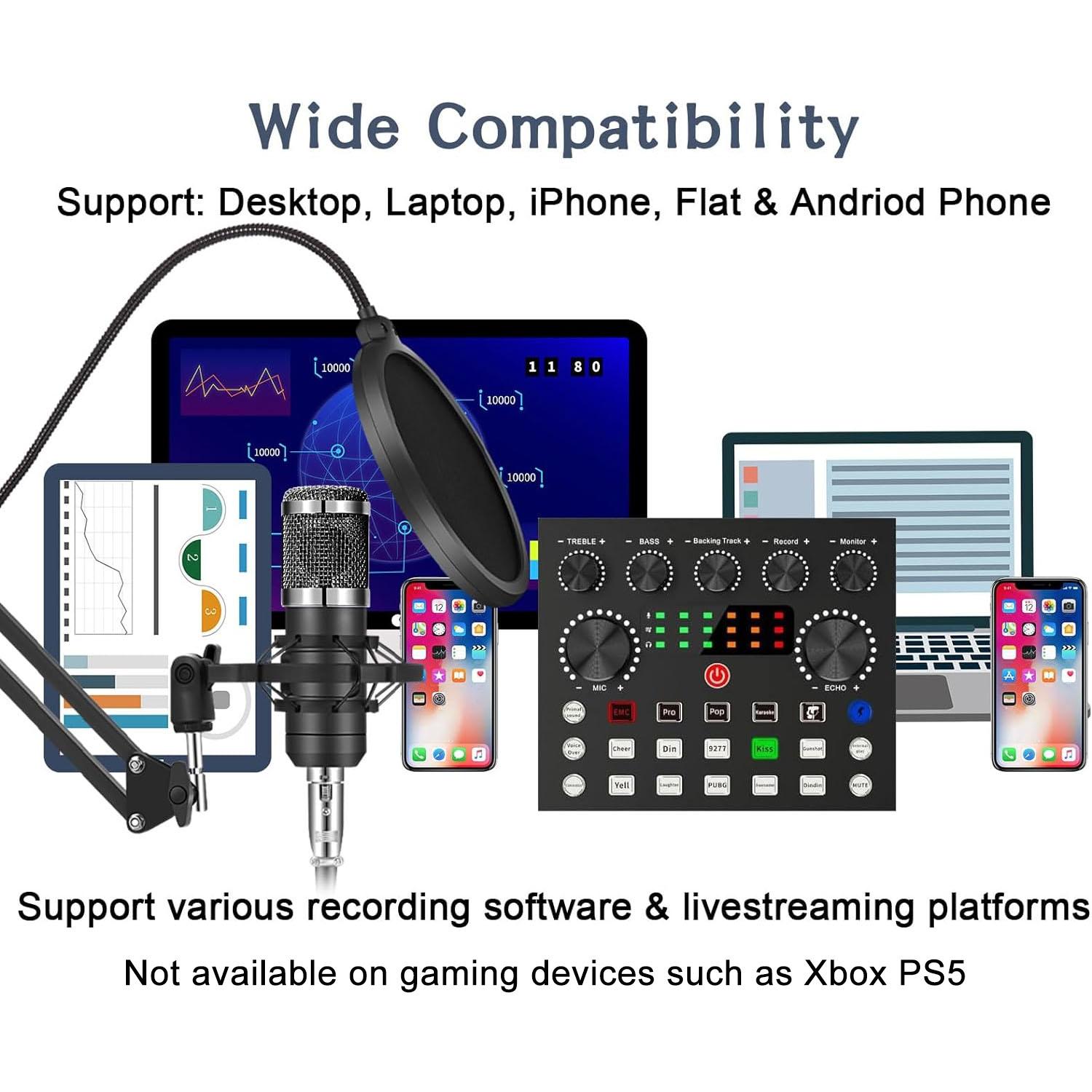 Podcast Equipment Bundle, Live Sound Control Device & BM-800 Condenser Microphone, Sound Card and Microphone Kit for Recording, Gaming, Singing