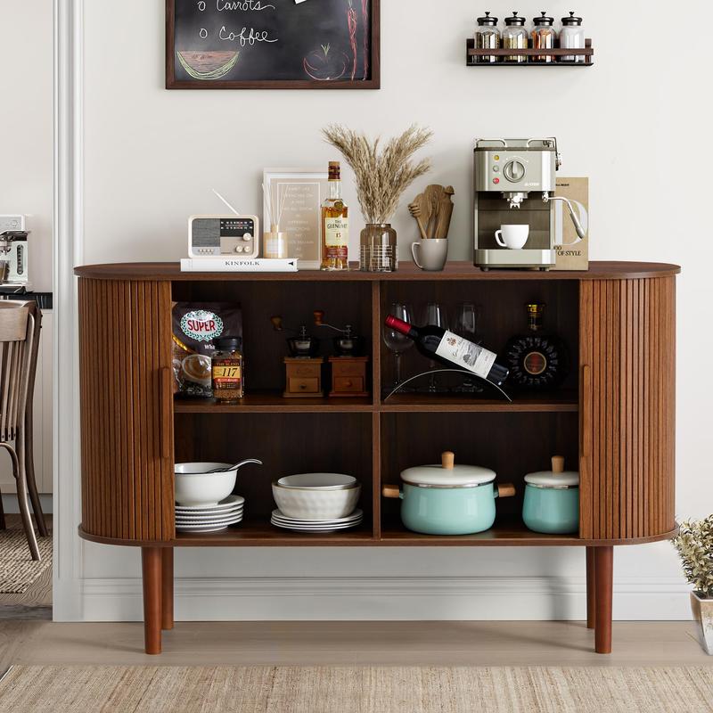 Giratree Furniture 53-Inch Fluted Slide Door Sideboard Cabinet, Modern Oval Tambour Buffet Credenza with Adjustable Shelves, Wooden Storage Console for Living Room, Dining Room, Kitchen, or Entryway