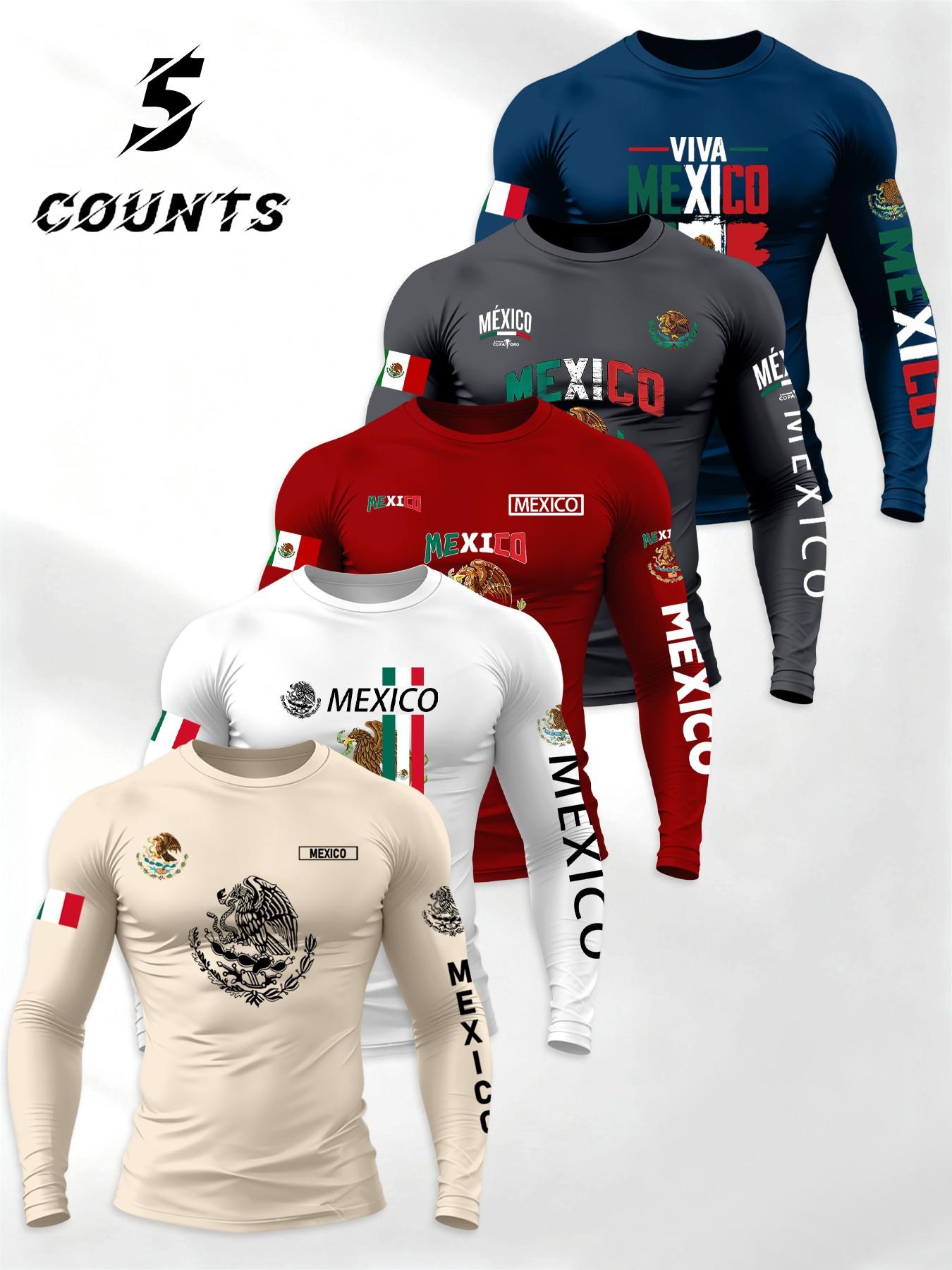 Men's 5-Piece Set Mexican Patriotic Long Sleeve T-Shirt, Athletic Letter Print, Elastic Sporty Fitness Top, Athletic Sports Clothing, Daily Wear/hardcore Gym Use, High Return Rate