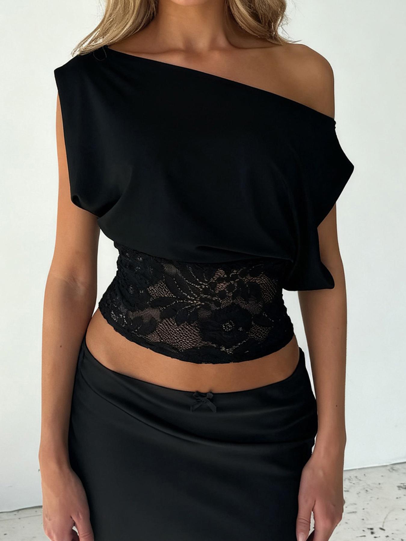 Women's Elegant Chic Lace Patchwork Asymmetric Sleeveless Top, Slim-Fitting Plain Design, Perfect for Casual and Stylish, Asymmetrical