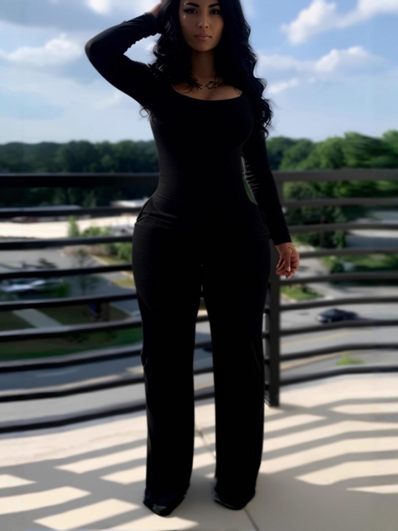 Women's Sexy Plain Long Sleeve Jumpsuit, Fall & Winter Fashion, Low-Neck Design with Pockets, European Style, Casual Wear