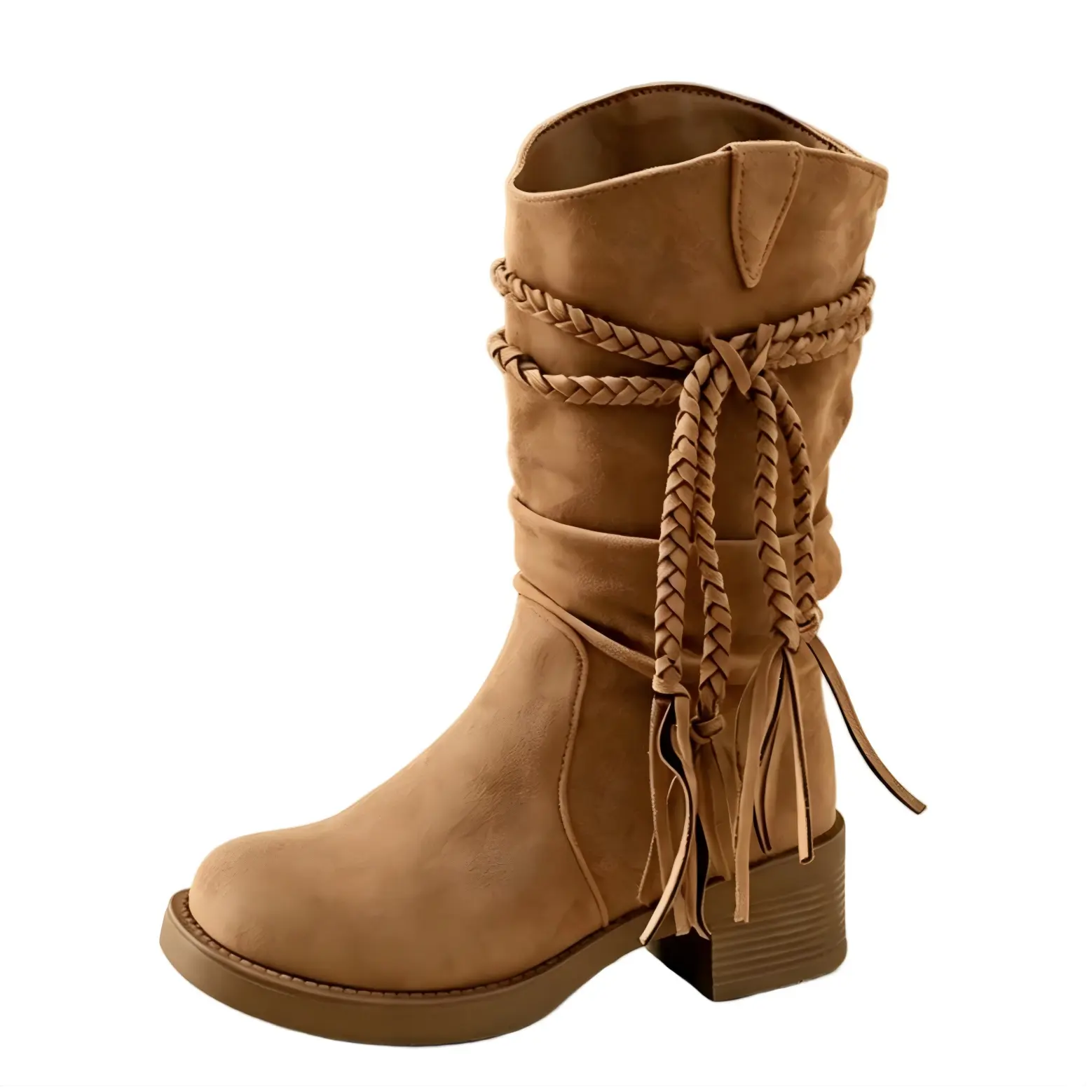 Women's Slouchy Mid-Calf Suede Cowboy Boots - Braided Tassel, Chunky Block Heel Western Boots for Fall Winter Daily Wear (Khaki, Brown)