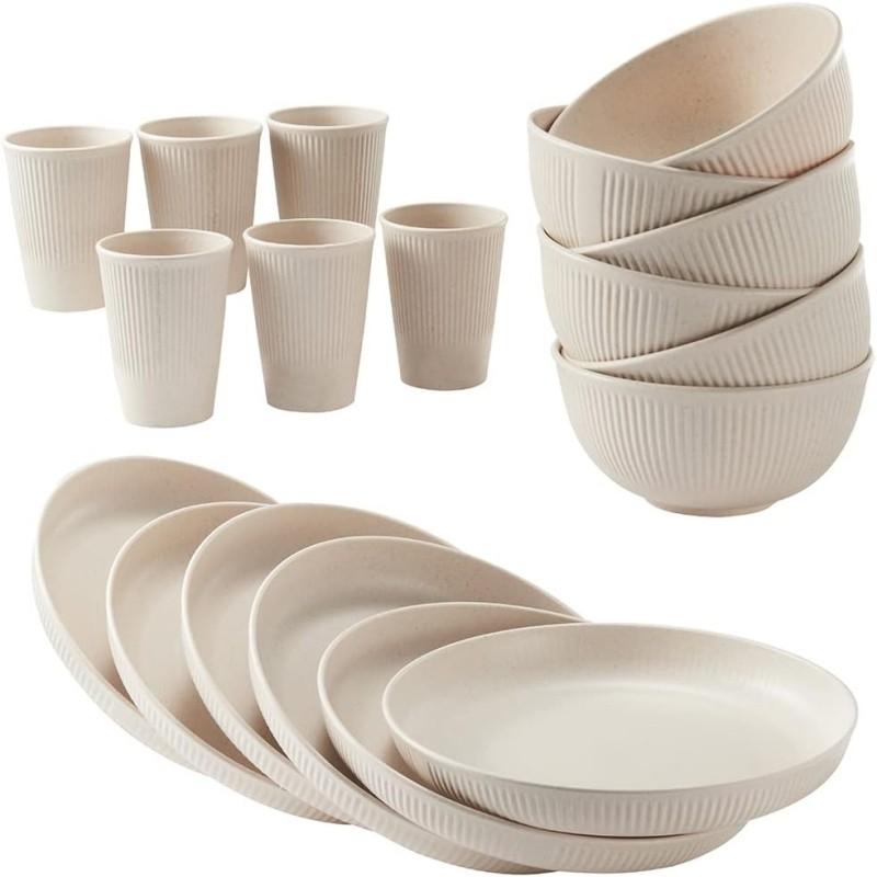 18-Piece Wheat Straw Cutlery Set, Durable Kitchenware, Dishwasher & Microwave Safe, Salad Plate, Cereal Bowl, Travel Camping Utensils, Tableware Set