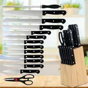 15PCS Kitchen Knife Set with Block, High Carbon Stainless Steel Knife Set with Built-in Sharpener, Black Knife Set with Steak Knives, Scissors & Sharpening Rod#fathersdaygift