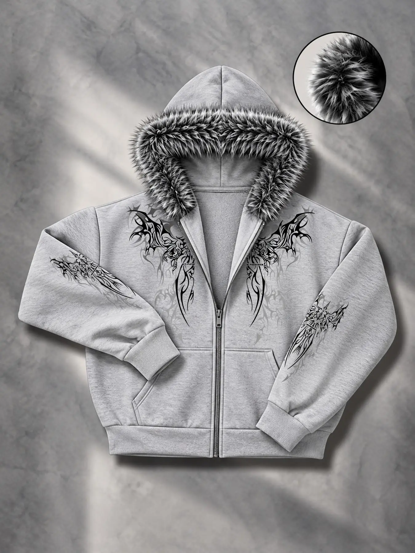 Men's Fall Winter Faux Fur Hooded Jacket, Y2K Dark Thorn Floral Cross Print, Soft Faux Fur Hood Design, Street Style Outerwear