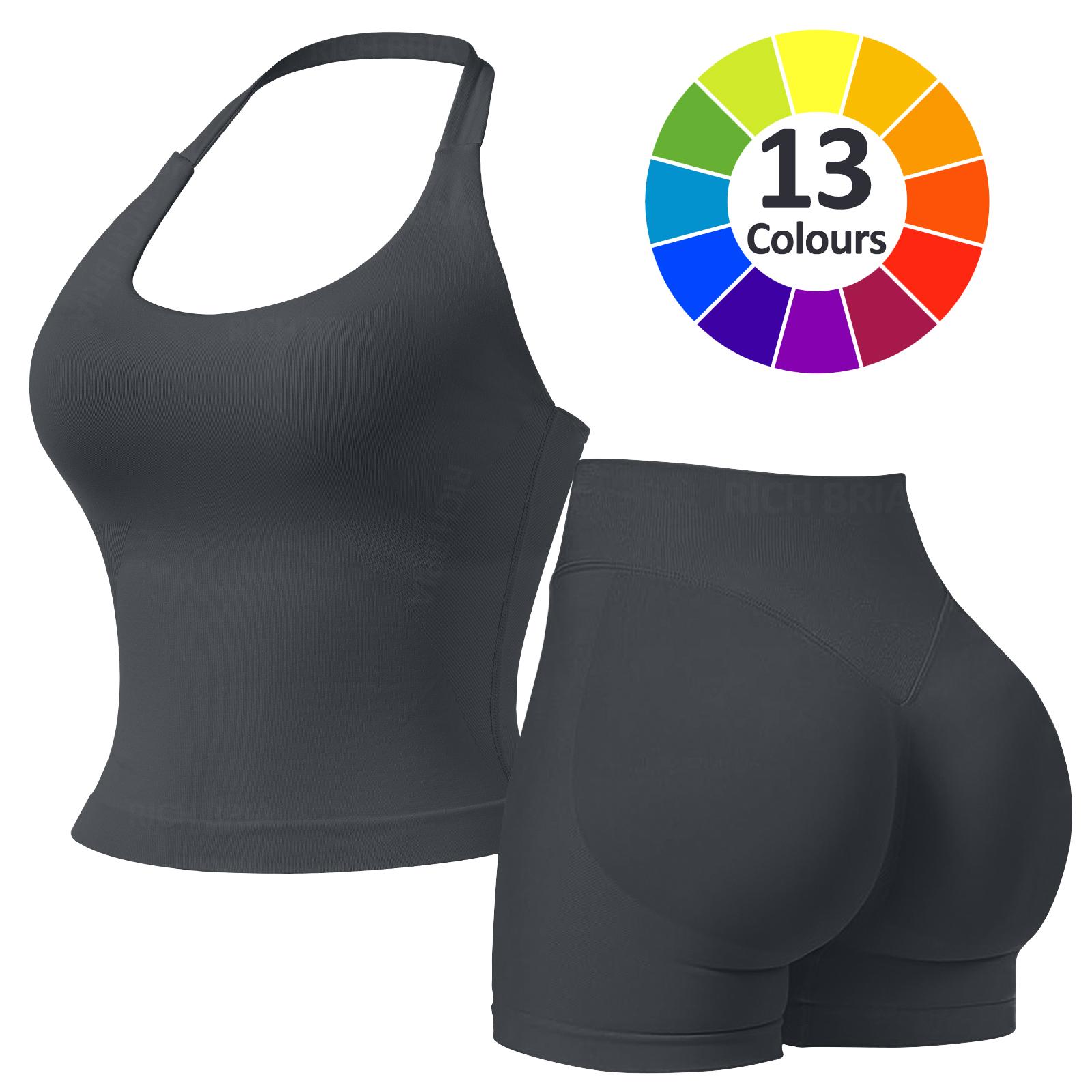 RICH BRIA Women's Solid Color Halter Top & High Waist Shorts Sports Set, Sporty Breathable Quick Drying Outfits for Yoga Gym Fitness Running, Ladies Sportswear for Summer, Workout Clothes, Workout Gym Clothing, Athletic Sports Clothing, Athleisure Wear