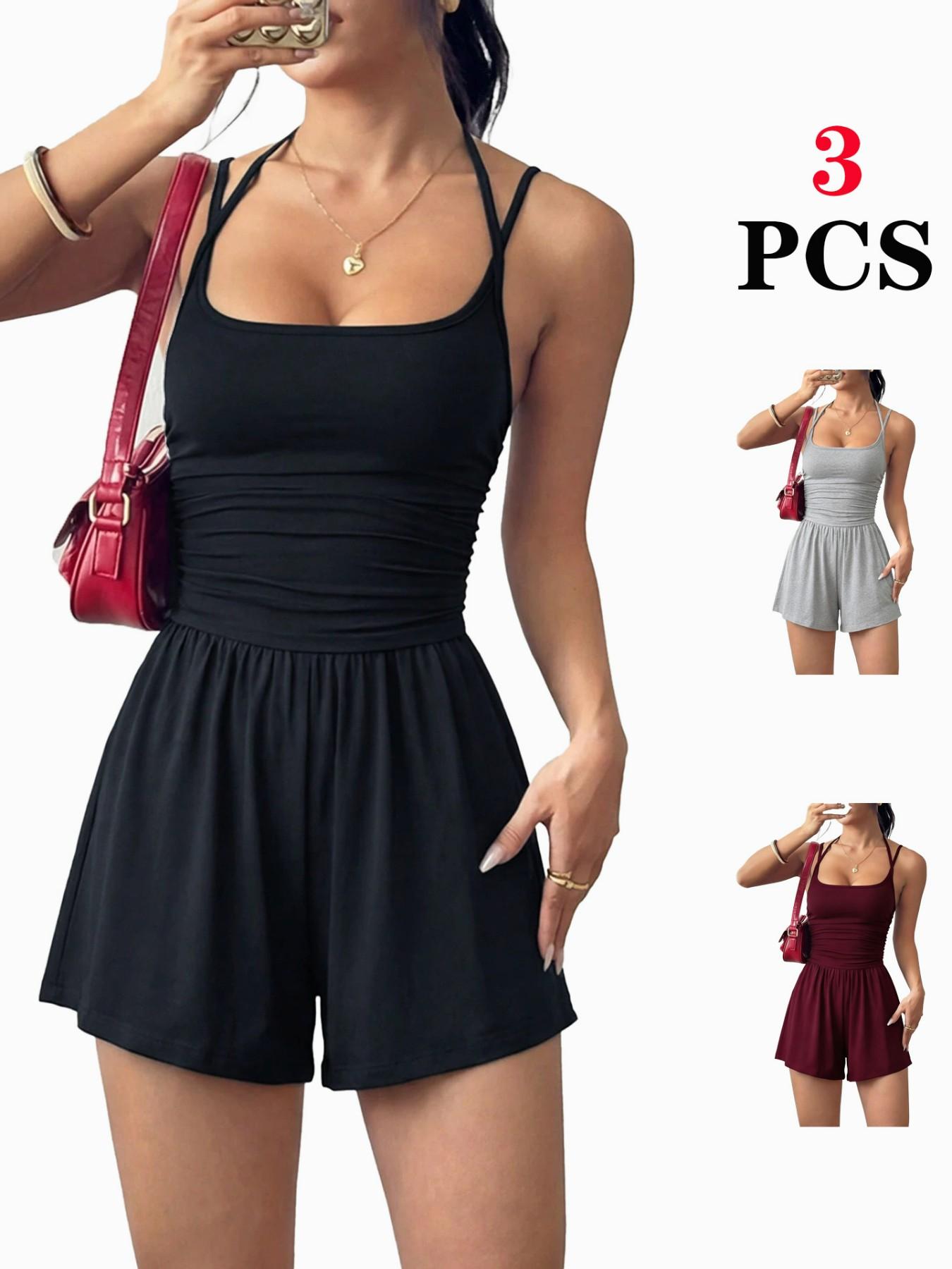 Women's 2026 Versatile Casual Fitted Backless Jumpsuit, Spaghetti Strap Smocked Bodice Flattering Slim Fit Elegant One-Piece Romper for Club Evening Date Vacation Daily Wear