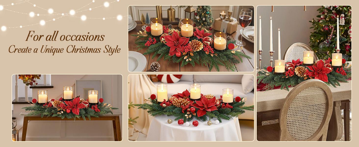 36 Inch Christmas Table Centerpiece with 3 Candle Holders, Baubles, Pine Cones, Red Berries & Spruce Branches – Indoor Holiday Decor 36 Inch Christmas Table Centerpiece with 3 Candle Holders, Baubles, Pine Cones, Red Berries & Spruce Branches – Indoor Holiday Decor