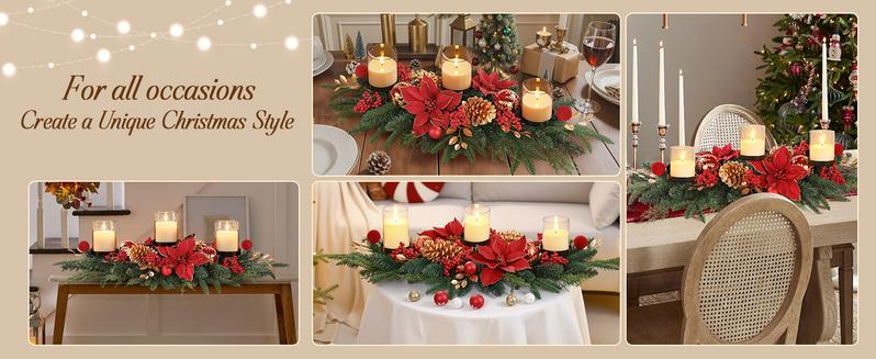36 Inch Christmas Table Centerpiece with 3 Candle Holders, Baubles, Pine Cones, Red Berries & Spruce Branches – Indoor Holiday Decor 36 Inch Christmas Table Centerpiece with 3 Candle Holders, Baubles, Pine Cones, Red Berries & Spruce Branches – Indoor Holiday Decor