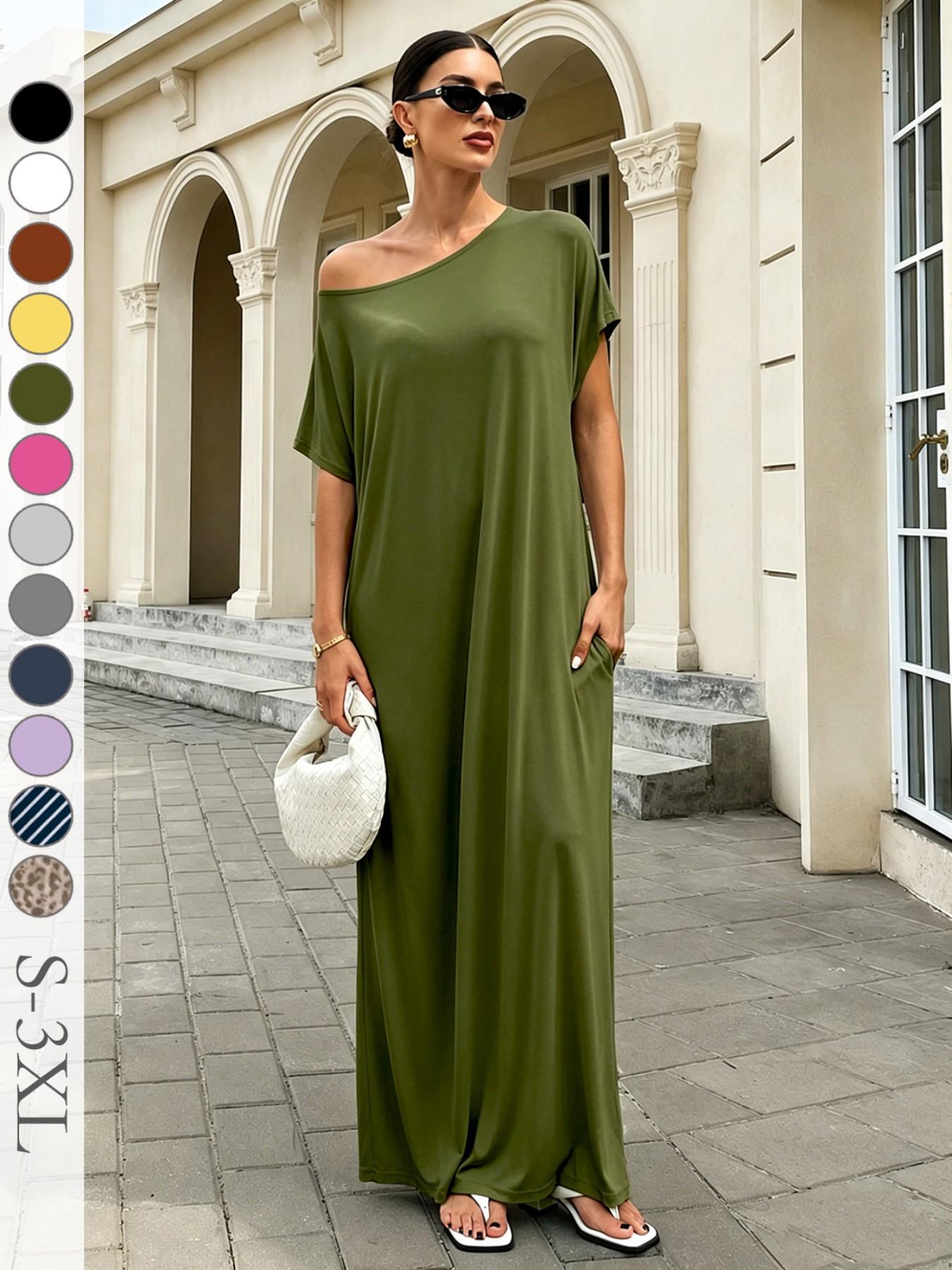 Women's Casual Boho Chic Loose Long T-Shirt Dress, Striped Short Sleeve One-Shoulder Sleepwear with Pockets, Comfortable Fit for Daily, Beach and Vacation Wear Boho Fashion