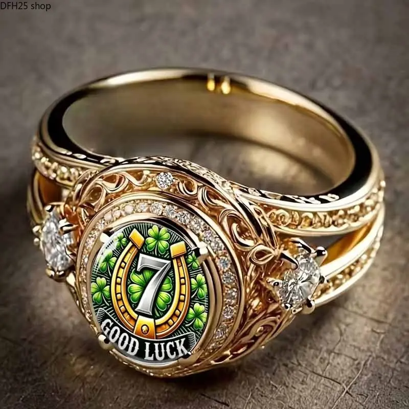 Gold Luck Statement Ring for Women and Men, Adjustable Vintage Band With Detailed Symbol Artwork and Retro Style Design, Artistic Fashion Jewelry for Daily Wear, Parties and Gift Giving