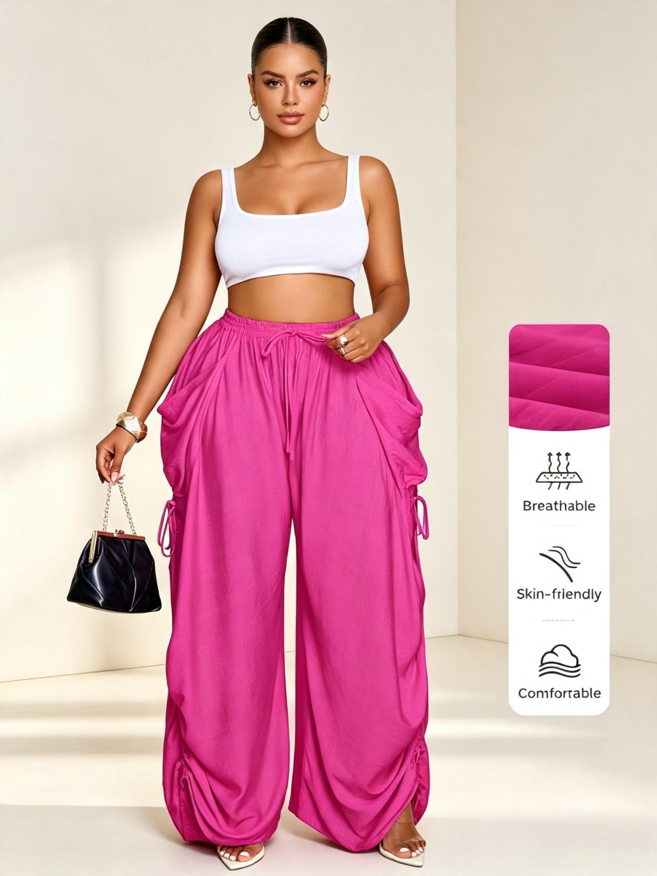 High-Waisted Drawstring Straight-Leg Pants for Women, Casual Comfortable Home Wear, Spring & Fall Fashion, Plain Pattern, Multiple Colors Available