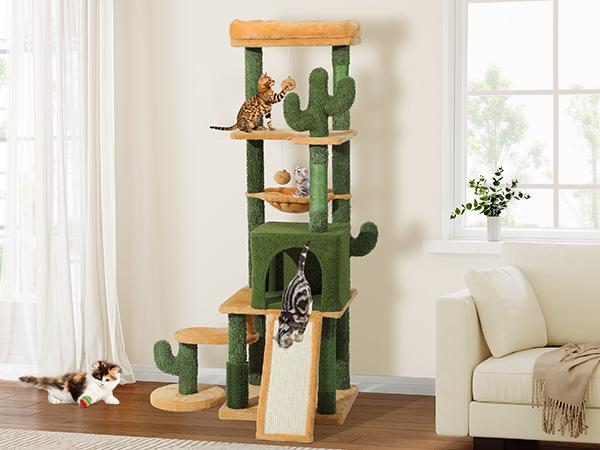DWVO Tall Cactus Cat Tree Tower with Self-Grooming Brush, 60/73 in Cute Cat Climbing Tower for Indoor Cats with Cat Condo, Top Perch, Basktet, Sisal Scratching Posts and Board,Toy Balls