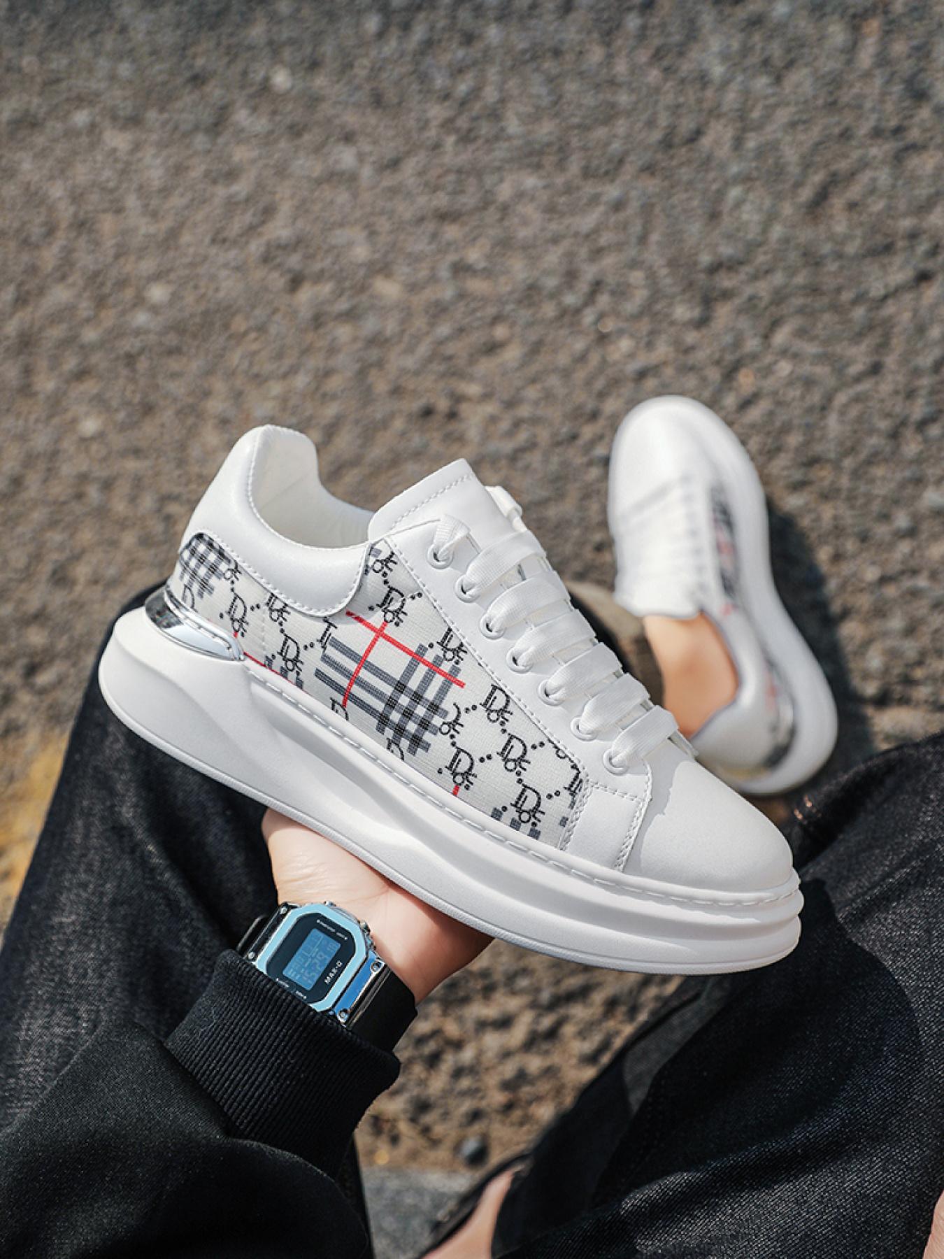 Men's white checkered print thick-soled sneakers, lace-up breathable casual sneakers, trendy versatile height-increasing sports shoes