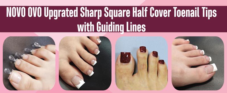 NOVO OVO Upgraded Flexible Half Cover Soft Gel Fake Toe Nail Tips with Auxiliary Line for Toenail Extension, Sharp Square Medium Wide for Men Women Acrylic pedicure in Salon x 15 Sizes 300 Pcs，NO GLUE & BUILDER GEL, TOP COAT,LAMP INCLUDED