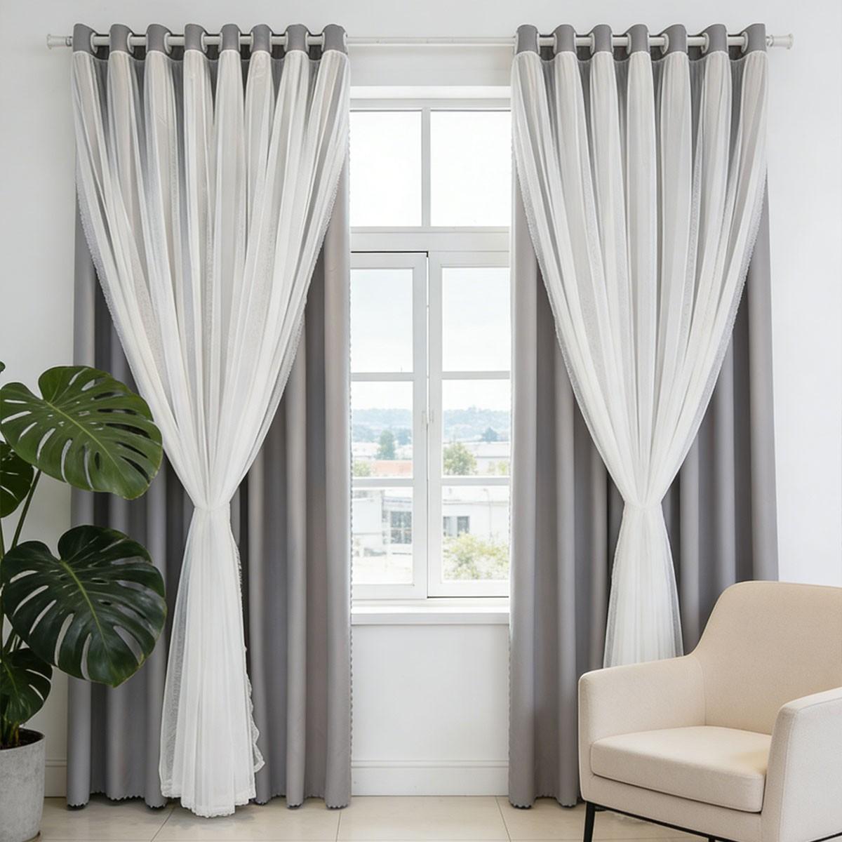 2pcs Wind Double Layer Sheer Curtain Set, Bedroom Girl Style Light Blocking Curtains, Living Room Balcony Soft Atmosphere Curtains