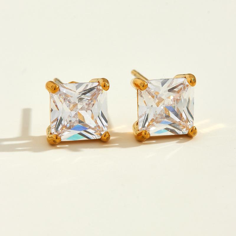 Stainless Steel Vacuum Plated 18K Zirconia Square Stud Earrings Small Sugar Cube Earrings Hypoallergenic Fashion Jewelry