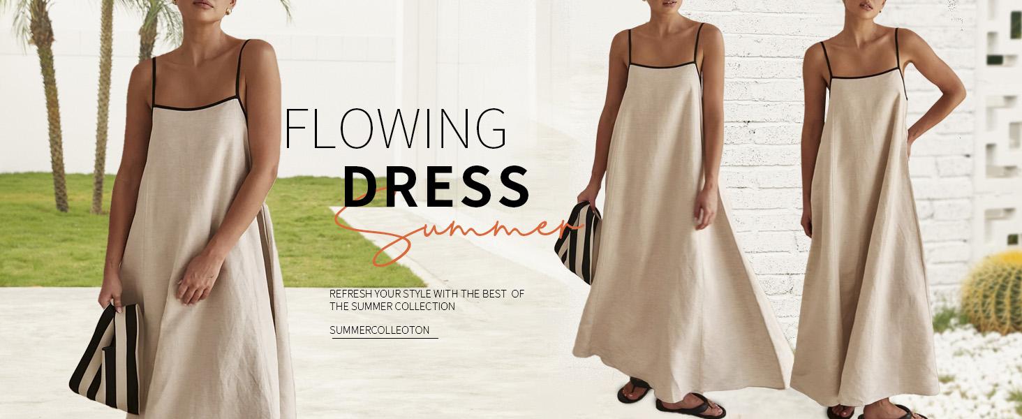 CHARTOU Women's maxi dress Summer Solid Color Loose Long Skirt with Thin Shoulders and Flax Sleeveless Skirt