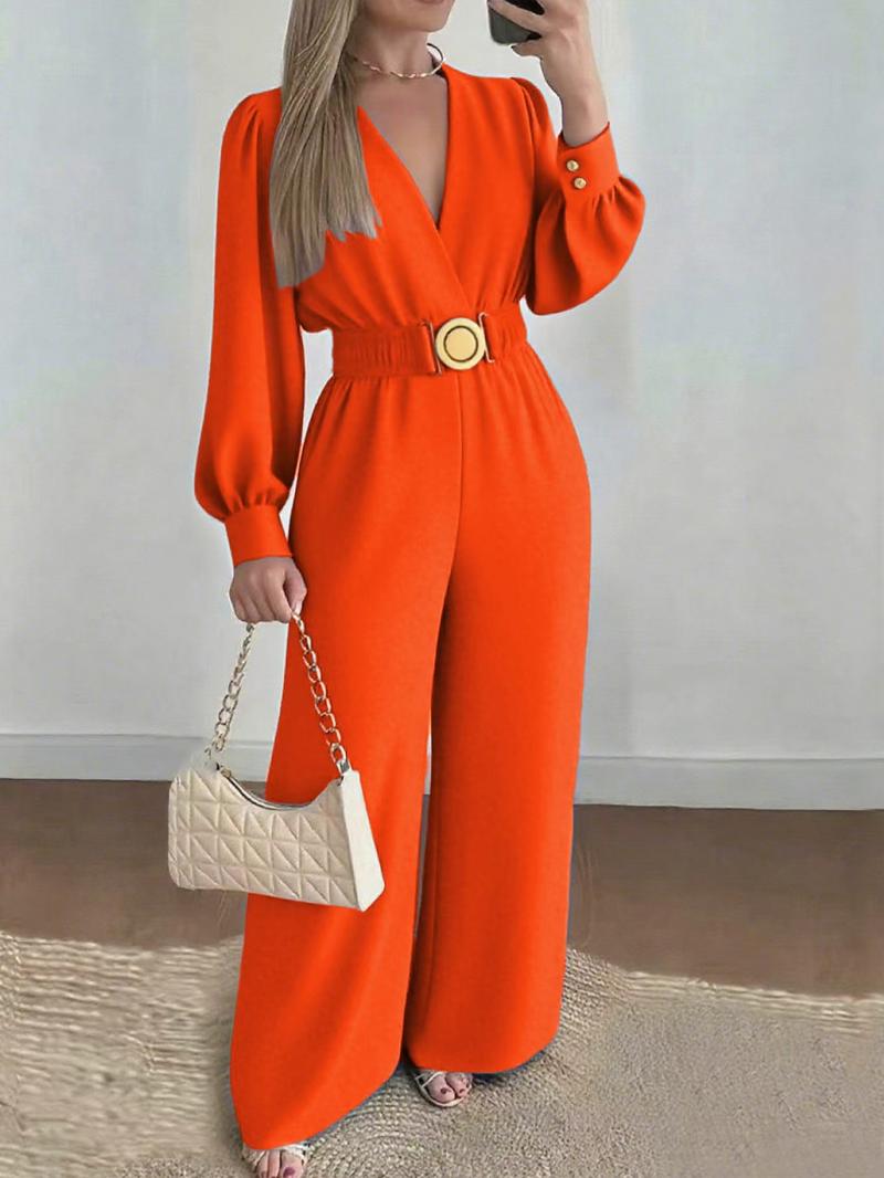 A set of casual women's waist cinched Belted jumpsuit V-neck bubble sleeve wide leg pants, suitable for autumn and winter, suitable for home, indoor, and outdoor wear A set of casual women's waist cinched Belted jumpsuit V-neck bubble sleeve wide leg pants, suitable for autumn and winter, suitable for home, indoor, and outdoor wear