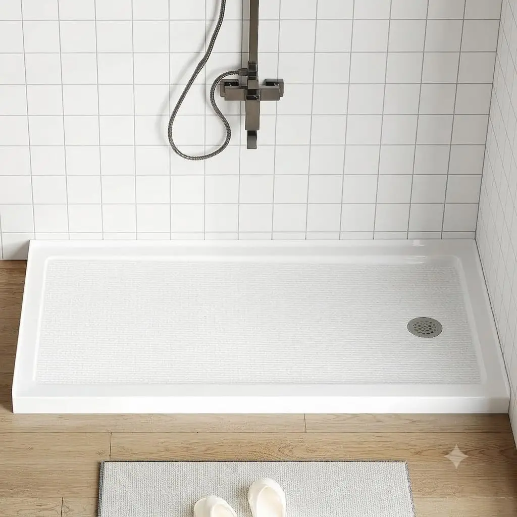 Variety of Non-Slip Acrylic and Fiberglass Shower Bases and Pans in Multiple Sizes with Left, Right, and Center Drain Options Featuring Single or Multiple Threshold Designs for Bathrooms