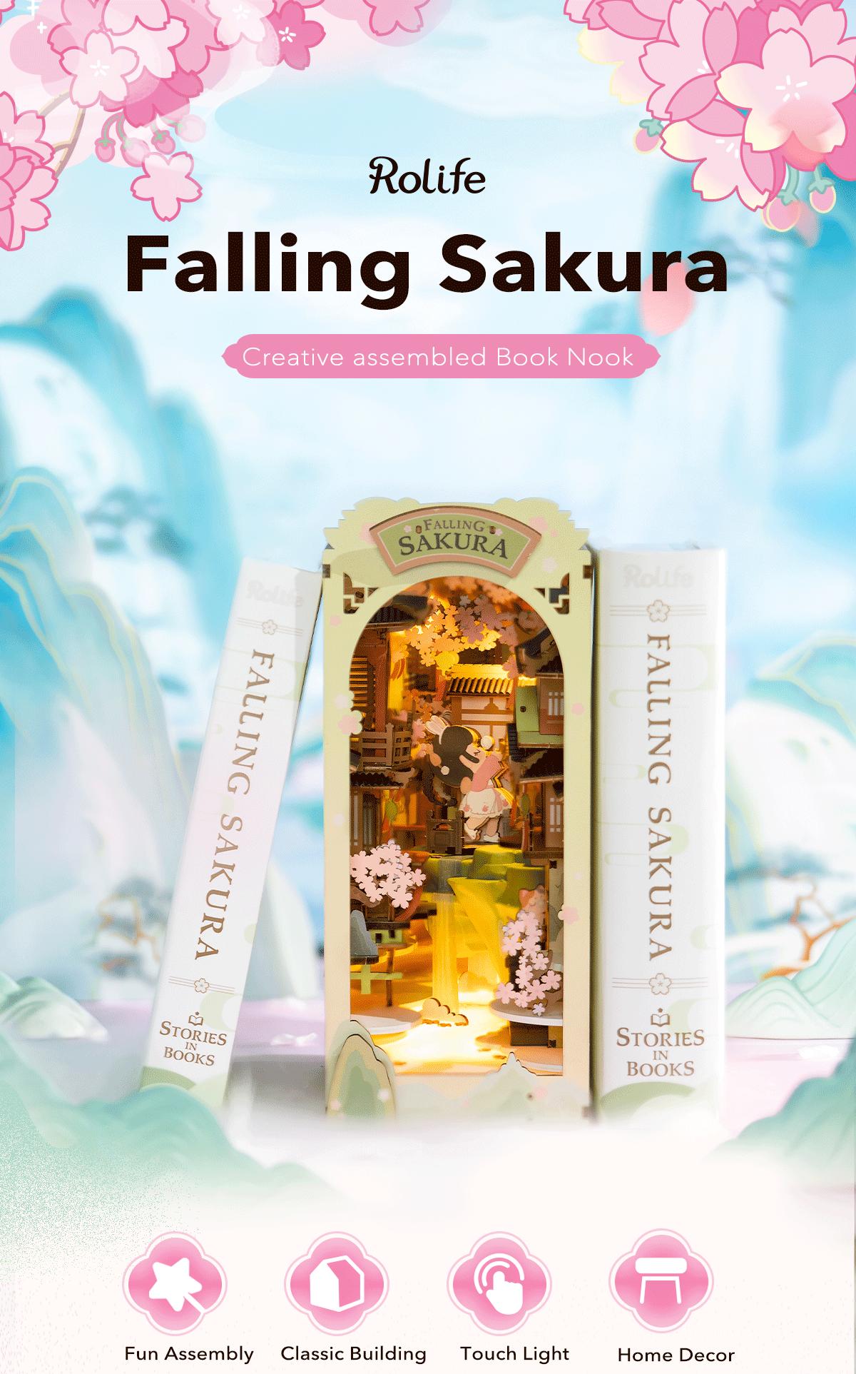 Robotime Rolife Book Nook Kits for Adults,3D Wooden Puzzle Bookshelf Decor Insert Alley DIY Miniature Booknook Model Craft Kits for Adults Gifts with LED on Birthday Christmas TGB05 Falling Sakura