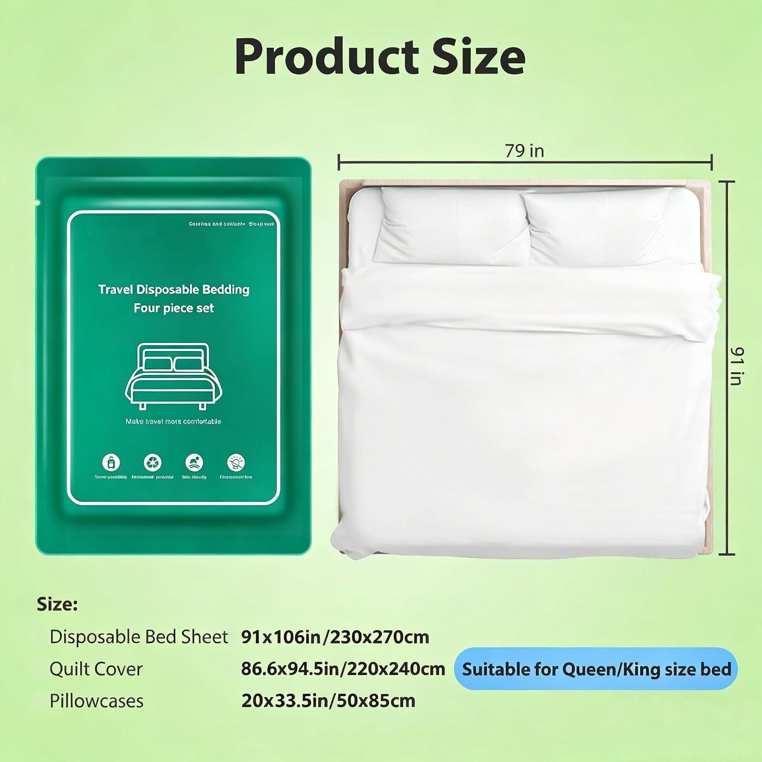 4 count Disposable Bed Sheet  Size, Travel Sheet for Hotel, Disposable Sheet for Travel Bedding Cover Portable Sheet with 1 Quilt Cover, 1 Sheet and 2 Pillowcase for Travel Business Trip  Hotel