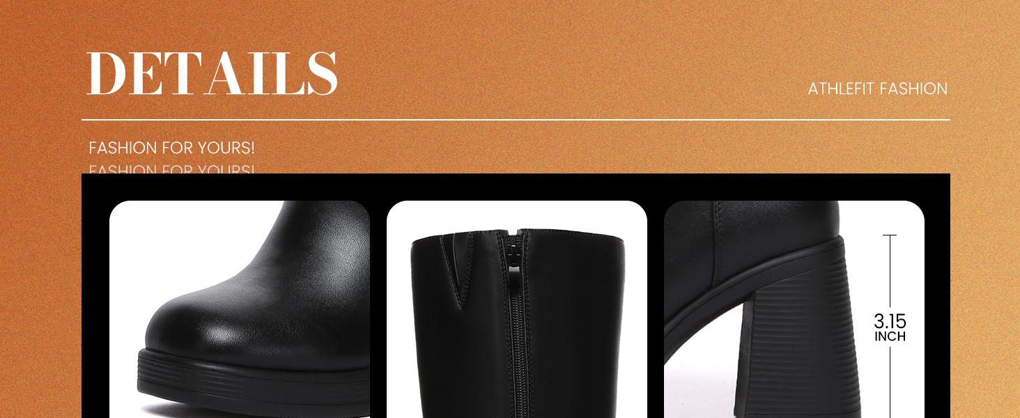 Athlefit Women's PU Leather Platform Boots - 3.15-inch Chunky Heel, Square Toe, Side Zipper, Comfortable Sole, Stylish Fashion Booties SpringStatements