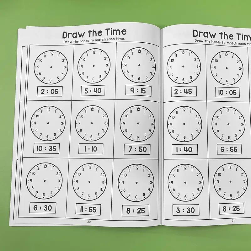 Elementary Time Practice Book, 32 Pages Math Learning Workbook with Colorful Clocks, Numbers & Letters, Home School Classroom Use