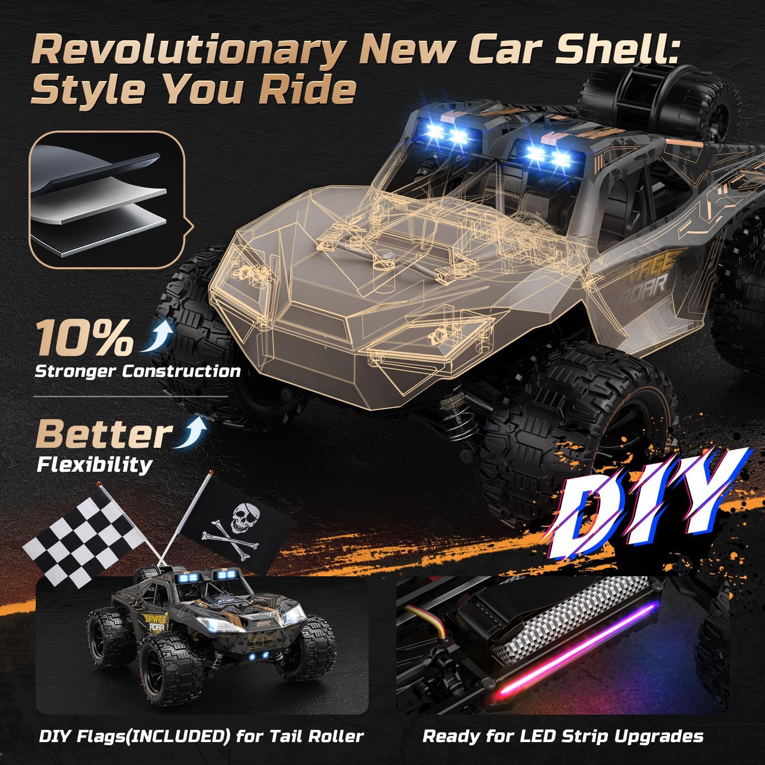 DEERC 1:14 All Terrain Fast RC Car, 40KPH High Speed RC Truck with LED Headlight, Offroad 2.4Ghz 4x4 Remote Control Car, 2 Batteries Electric Durable
