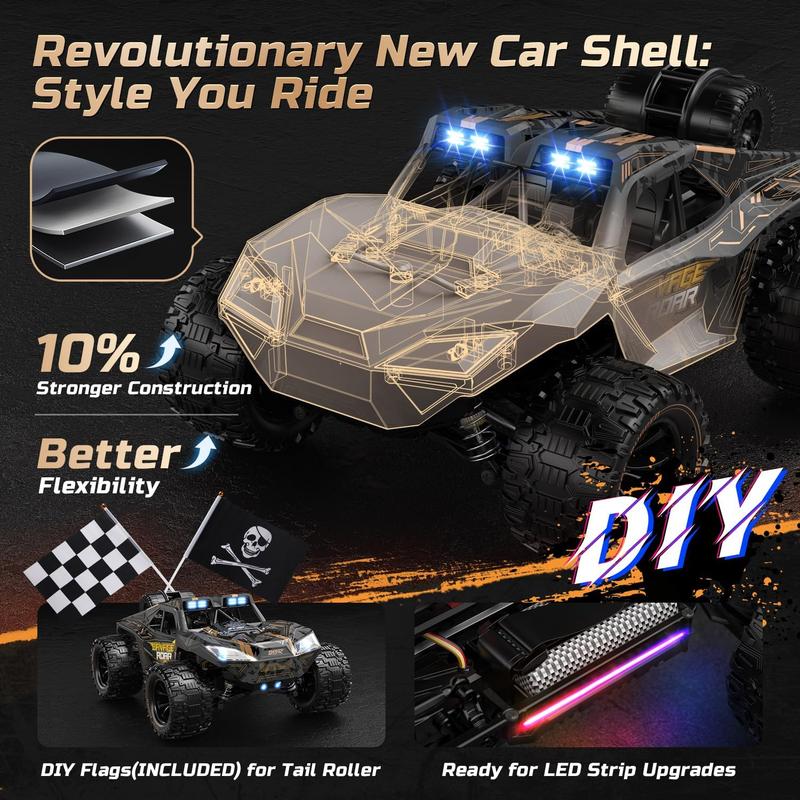 DEERC 1:14 All Terrain Fast RC Car, 40KPH High Speed RC Truck with LED Headlight, Offroad 2.4Ghz 4x4 Remote Control Car, 2 Batteries Electric Durable