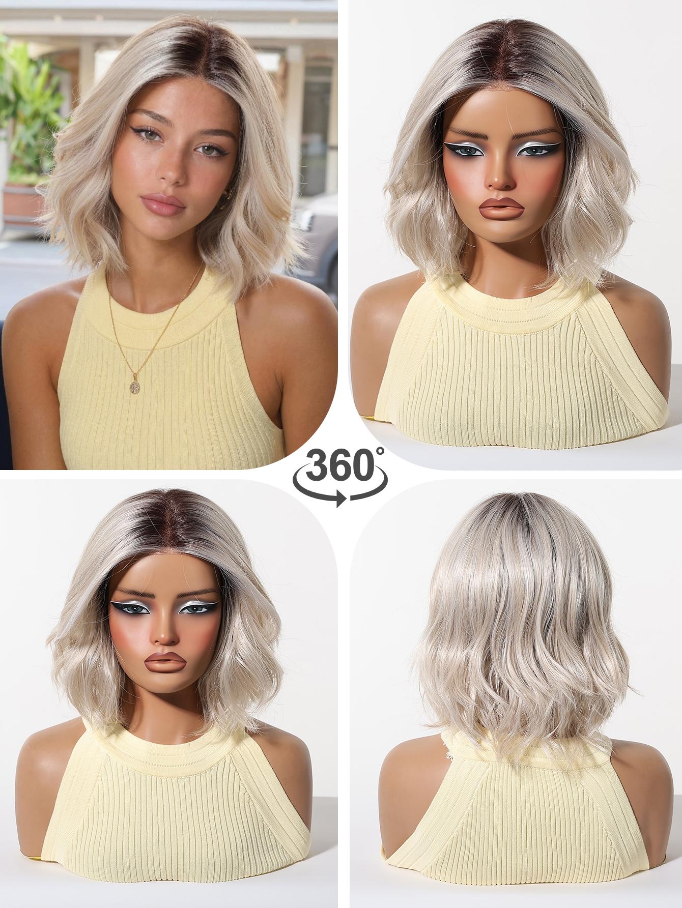 Topshe Hand Tied Mono Base Short Bob Wig, Dark Root Ash Brown Highlight Flip Out Loose Wave Bob, Breathable Mono Top Realistic Scalp, Glueless Wear & Go No Bleach, Tangle Free Heat Resistant Synthetic Hair, Synthetic Material Wigs
