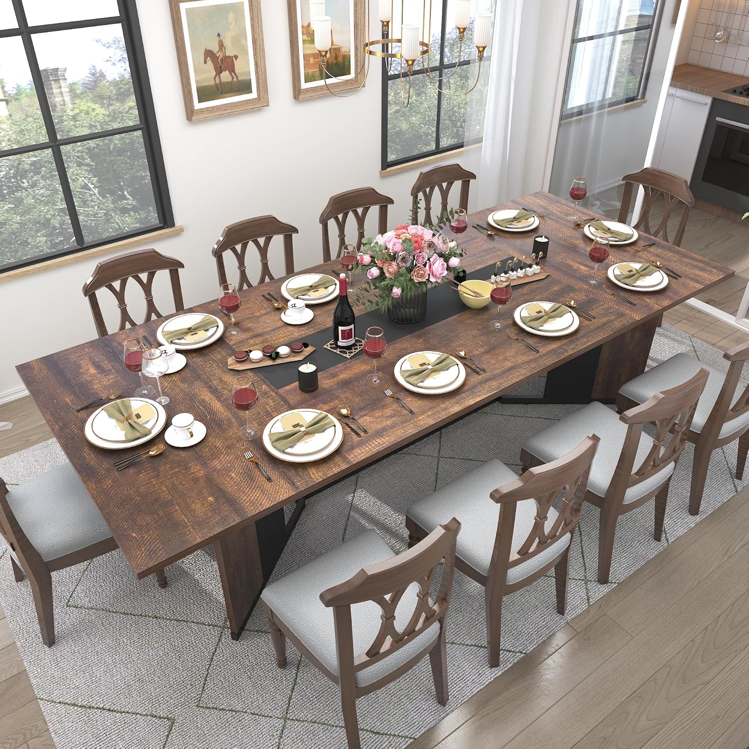 94 Inch Dining Table for 10 People,Modern Large Rectangular Kitchen Table W/Waterproof Wood Tabletop,Long Dining Room Tables W/Adjustable Legs&Metal Frame for Kitchen Living Room,Brown/White