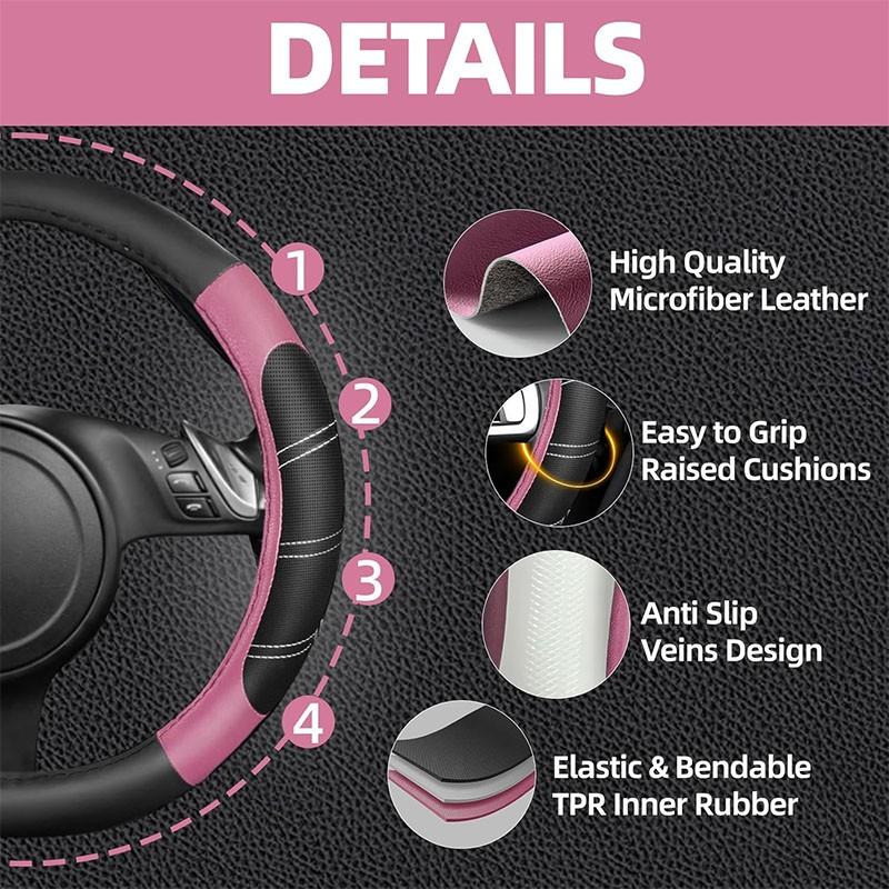 6Counts Car Interior Accessories Set: Sporty PU Leather Steering Wheel Cover (14.5-15 inch Universal), Microfiber PU Leather Car Console Cover, Seatbelt Pads, Cup Holder Pads. Suitable for Men and Women, All Seasons.