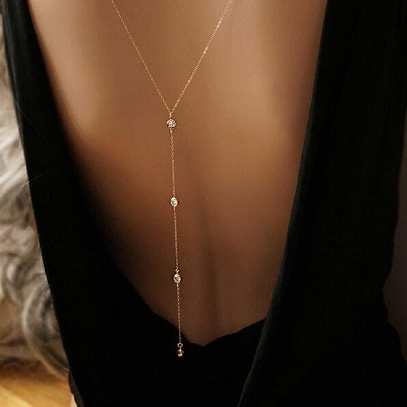 Women's Sexy Crystal Body Chain Necklace - Fashionable Jewelry, Silver-Colored Necklaces, Elegant Metal Long Zircon Backless Body Jewelry, Bikini Beach & Wedding Accessories, Body Chains