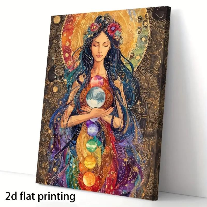 1pc Gaia Goddess Wall Art - Bohemian Celestial Earth Goddess Painting with Deep Blue & Golden Tones, Wrapped Canvas Framed Print Suitable for Living Room, Bedroom, Office - Natural Soul Art, 2D Flat Goddess Art Print, Perfect Room Decoration