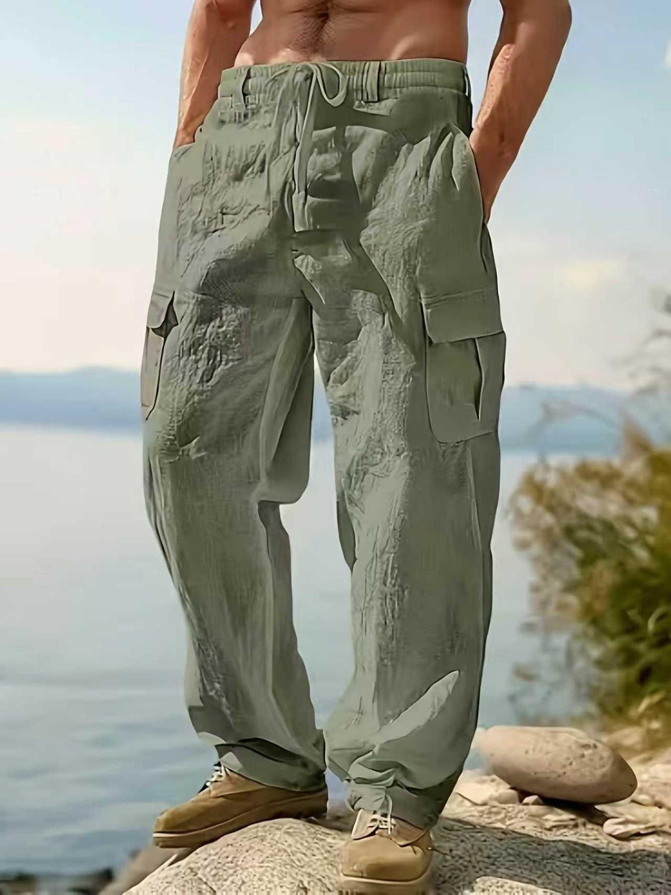 2026 Fashion Comfy Men's Linen Cargo Pants for Outdoor Beach, Drawstring Multi-Pocket Straight Leg Breathable Classic Casual Long Pants 2026 Fashion Comfy Men's Linen Cargo Pants for Outdoor Beach, Drawstring Multi-Pocket Straight Leg Breathable Classic Casual Long Pants
