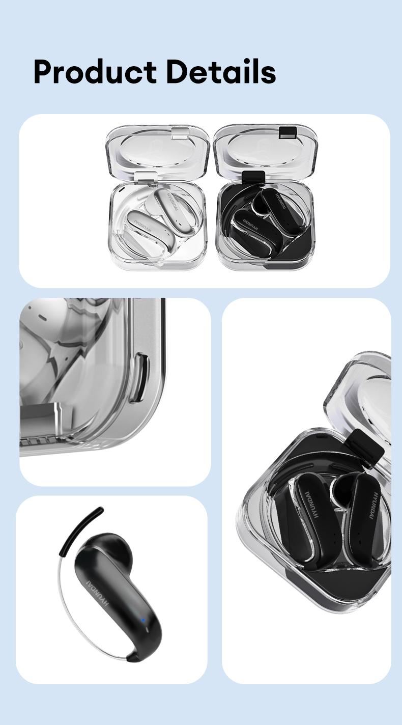 HYUNDAI D78 Earhook Bluetooth Earphone, with a new lightweight and micro in ear titanium alloy ear hook design, paired with a transparent and stylish headphone compartment, is very suitable for fashionable young people, work, leisure, sports use, etc