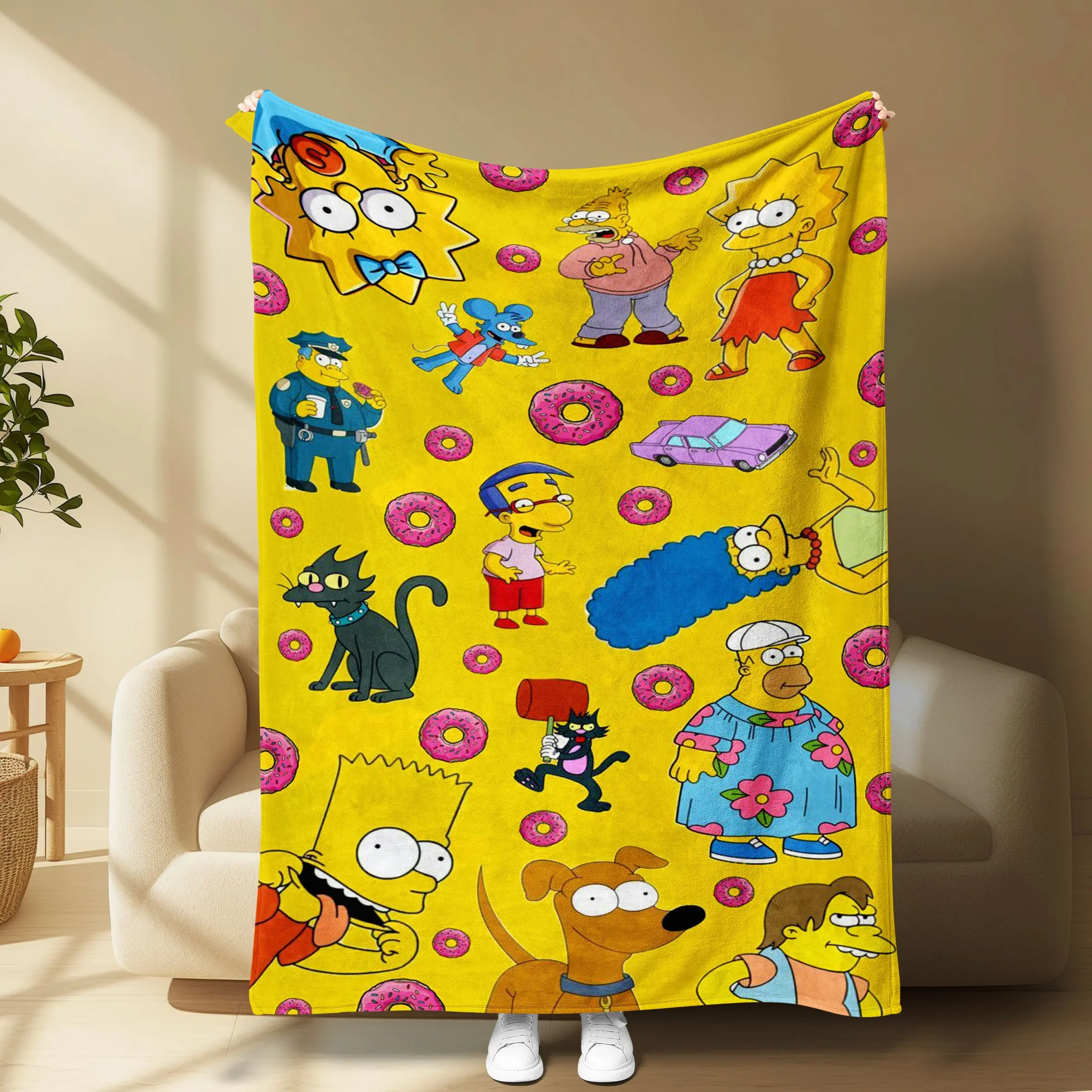 The Simpsons Full Character Flannel Throw Blanket, Bright Yellow Simpsons Characters & Donuts Pattern Blanket, Classic Cartoon Soft Sofa Bed Blanket Gift